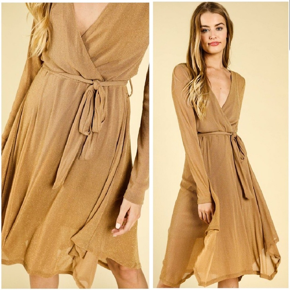 💥🥂Stunning! Gold Shimmer Sheer Wrap Dress